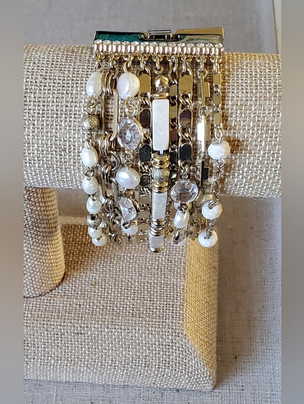 White House Black Market Multi Strand Pearl Crystal Gold Wide Cuff Bracelet NWOT